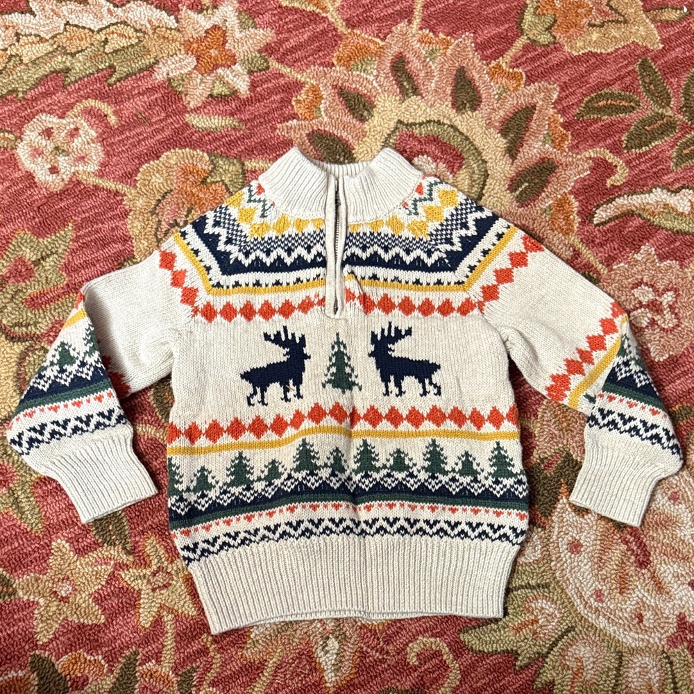 J. Crew Kids Cream Sweater with Reindeer and Tree Design